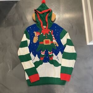 Party Sweater Christmas Elf‎ Sweater Hood With Ears Size Medium Women’s Holiday